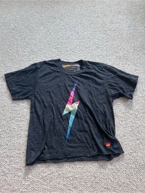Aviator Nation Black Tee with Rainbow Lightning Bolt